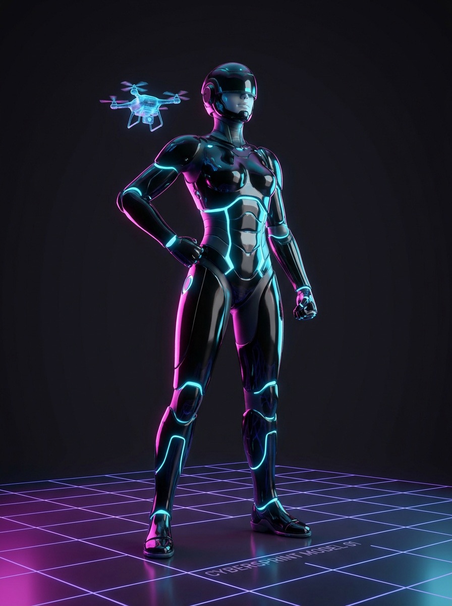 Axiom, a Neon Equation runner character, with a floating drone pet