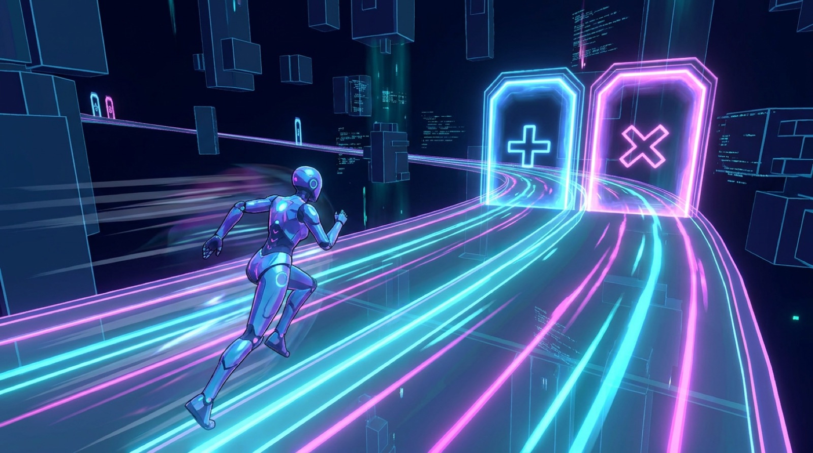 Neon Equation gameplay: a runner sprints toward glowing math gates on a neon track
