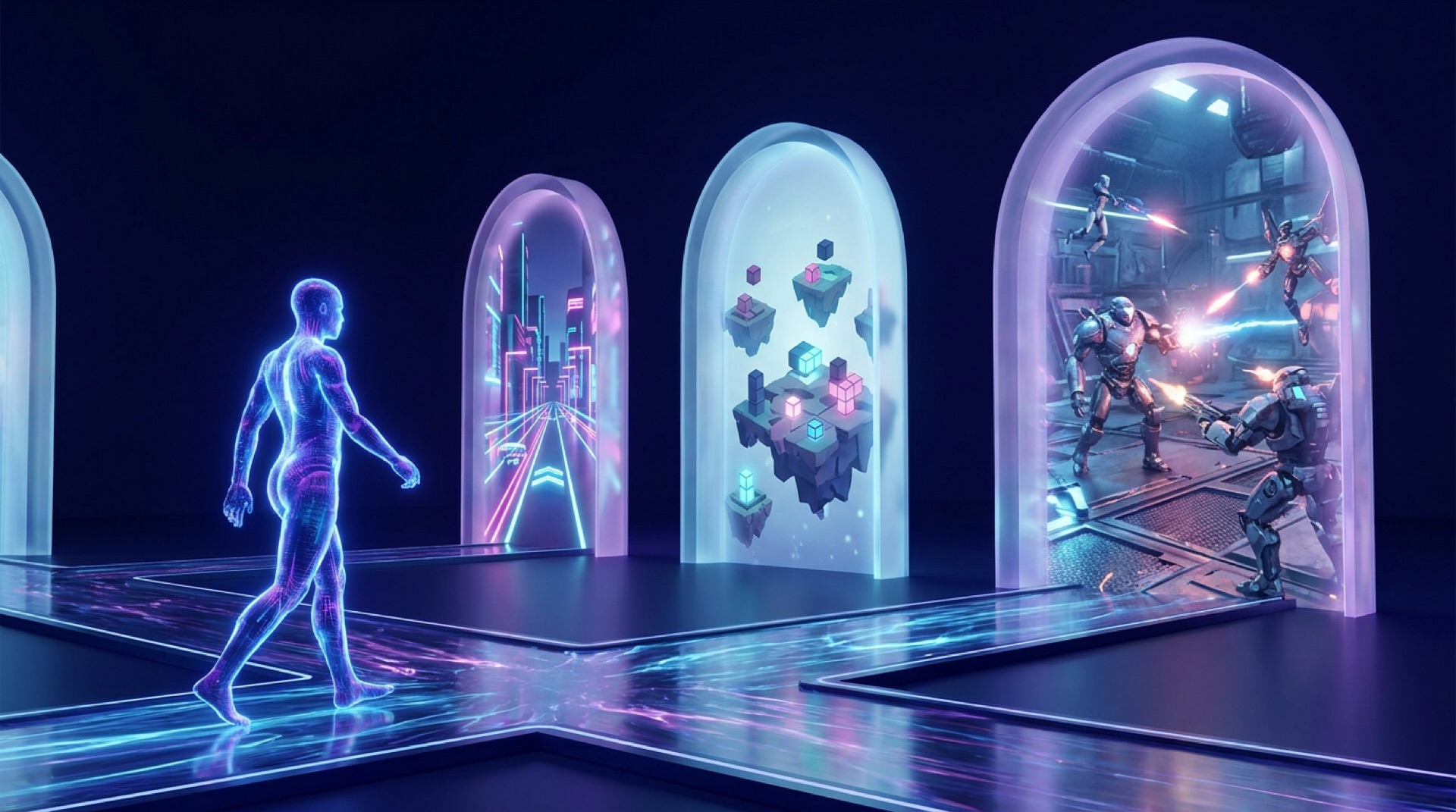 Concept art of a character walking through portals into different Bytestown game worlds